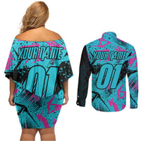 Personalized Ride Like a Girl Couples Matching Off Shoulder Short Dress and Long Sleeve Button Shirt Motocross Graphic and Turquoise Pink Graffiti Design - Wonder Print Shop