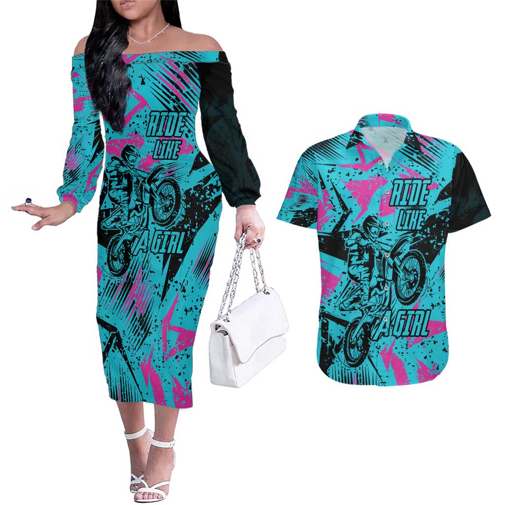 Personalized Ride Like a Girl Couples Matching Off The Shoulder Long Sleeve Dress and Hawaiian Shirt Motocross Graphic and Turquoise Pink Graffiti Design - Wonder Print Shop