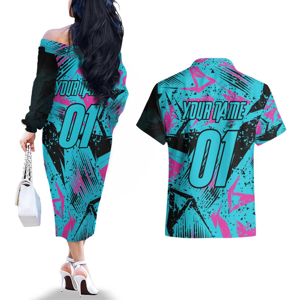 Personalized Ride Like a Girl Couples Matching Off The Shoulder Long Sleeve Dress and Hawaiian Shirt Motocross Graphic and Turquoise Pink Graffiti Design - Wonder Print Shop