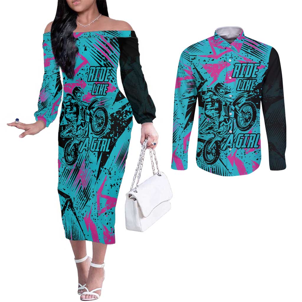Personalized Ride Like a Girl Couples Matching Off The Shoulder Long Sleeve Dress and Long Sleeve Button Shirt Motocross Graphic and Turquoise Pink Graffiti Design - Wonder Print Shop