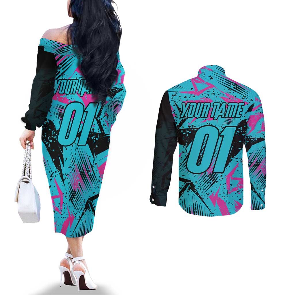 Personalized Ride Like a Girl Couples Matching Off The Shoulder Long Sleeve Dress and Long Sleeve Button Shirt Motocross Graphic and Turquoise Pink Graffiti Design - Wonder Print Shop