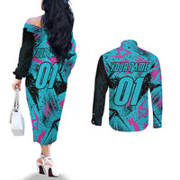 Personalized Ride Like a Girl Couples Matching Off The Shoulder Long Sleeve Dress and Long Sleeve Button Shirt Motocross Graphic and Turquoise Pink Graffiti Design - Wonder Print Shop