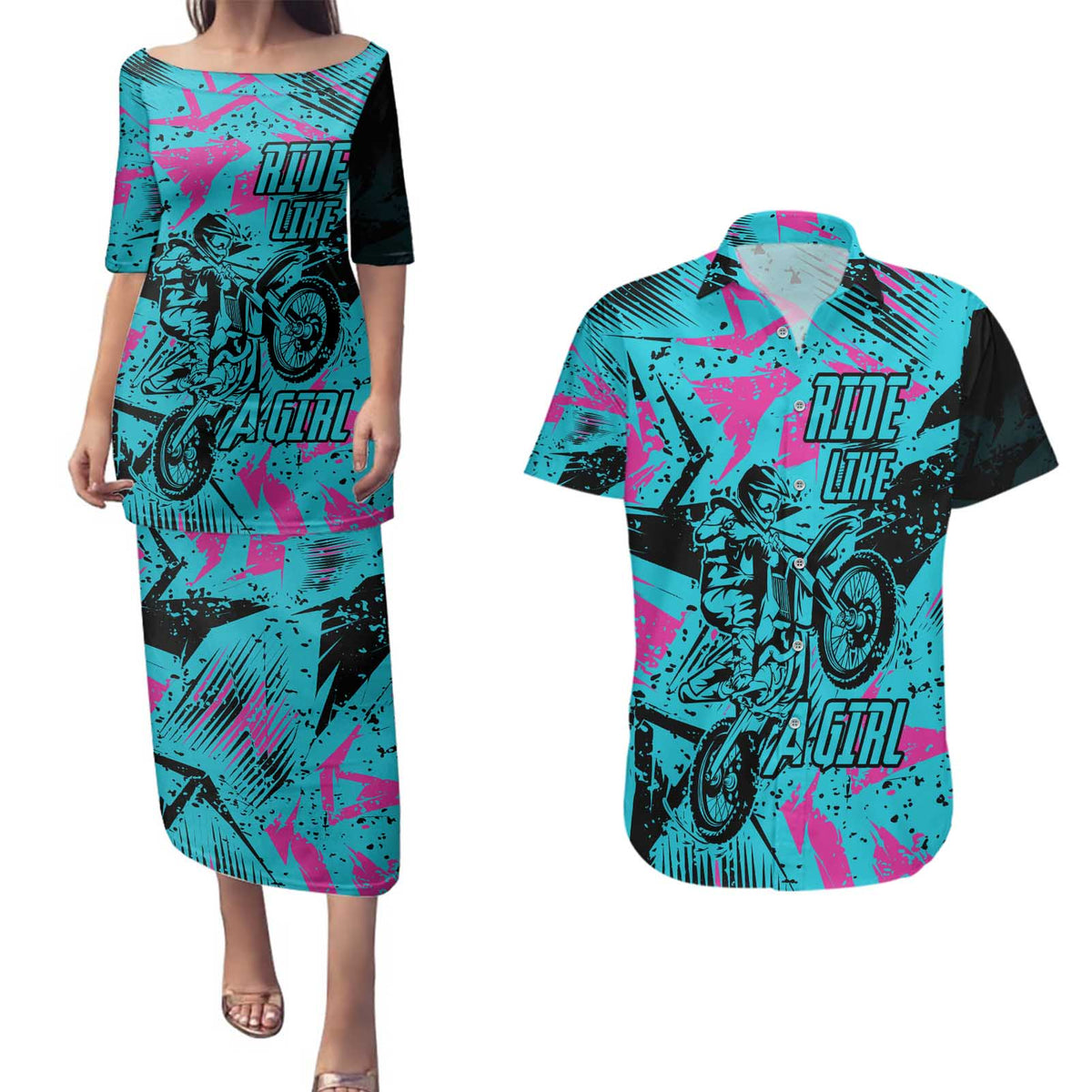 Personalized Ride Like a Girl Couples Matching Puletasi and Hawaiian Shirt Motocross Graphic and Turquoise Pink Graffiti Design - Wonder Print Shop