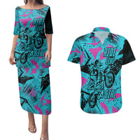 Personalized Ride Like a Girl Couples Matching Puletasi and Hawaiian Shirt Motocross Graphic and Turquoise Pink Graffiti Design - Wonder Print Shop