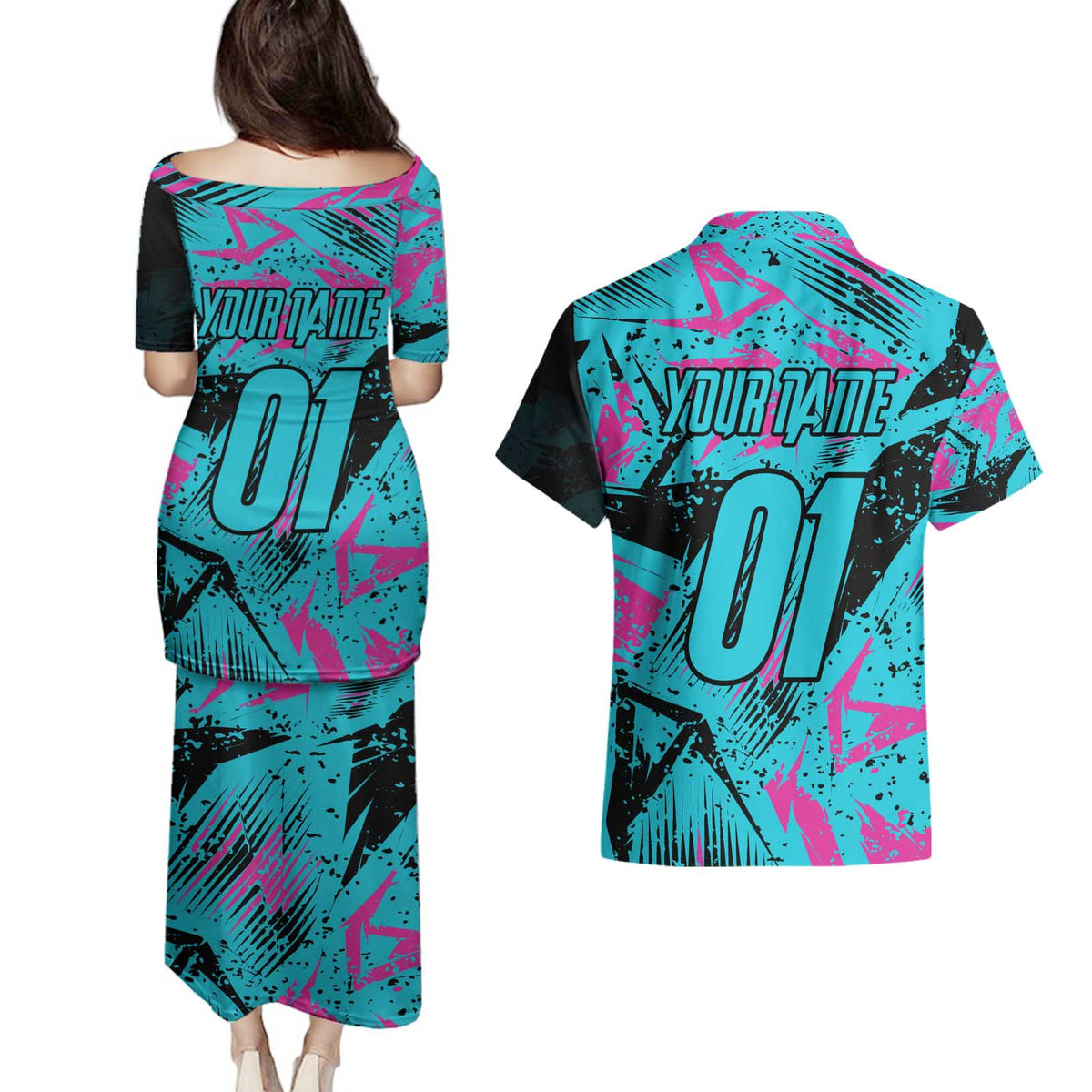 Personalized Ride Like a Girl Couples Matching Puletasi and Hawaiian Shirt Motocross Graphic and Turquoise Pink Graffiti Design - Wonder Print Shop