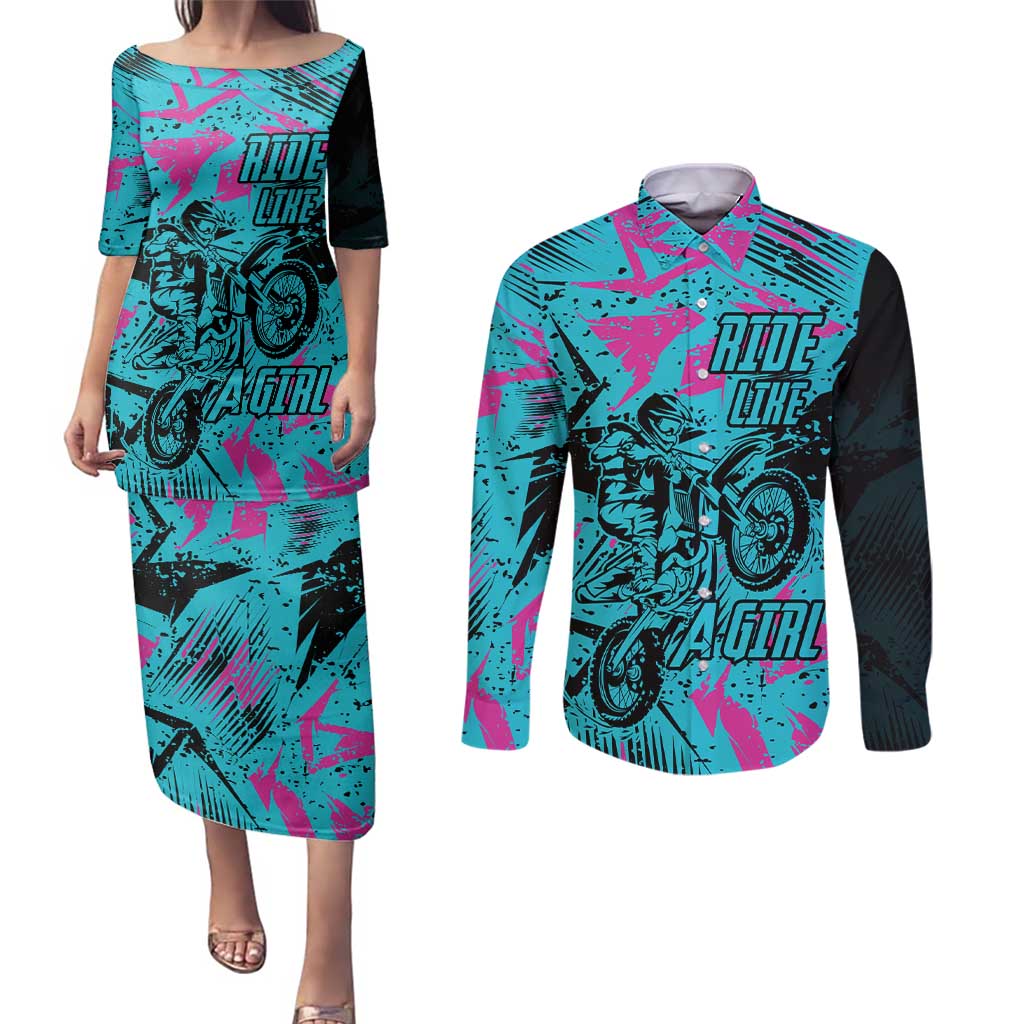 Personalized Ride Like a Girl Couples Matching Puletasi and Long Sleeve Button Shirt Motocross Graphic and Turquoise Pink Graffiti Design - Wonder Print Shop