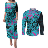 Personalized Ride Like a Girl Couples Matching Puletasi and Long Sleeve Button Shirt Motocross Graphic and Turquoise Pink Graffiti Design - Wonder Print Shop