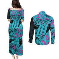 Personalized Ride Like a Girl Couples Matching Puletasi and Long Sleeve Button Shirt Motocross Graphic and Turquoise Pink Graffiti Design - Wonder Print Shop