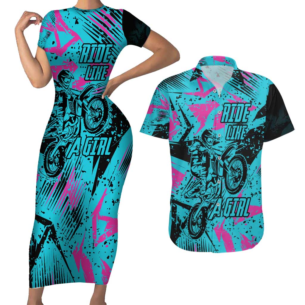 Personalized Ride Like a Girl Couples Matching Short Sleeve Bodycon Dress and Hawaiian Shirt Motocross Graphic and Turquoise Pink Graffiti Design - Wonder Print Shop