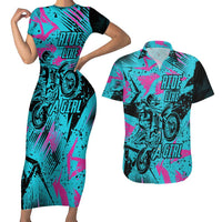 Personalized Ride Like a Girl Couples Matching Short Sleeve Bodycon Dress and Hawaiian Shirt Motocross Graphic and Turquoise Pink Graffiti Design - Wonder Print Shop