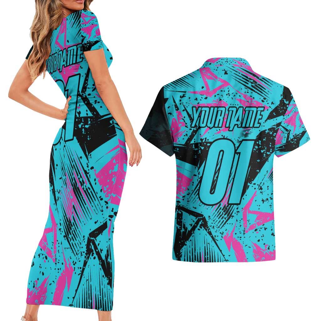 Personalized Ride Like a Girl Couples Matching Short Sleeve Bodycon Dress and Hawaiian Shirt Motocross Graphic and Turquoise Pink Graffiti Design - Wonder Print Shop