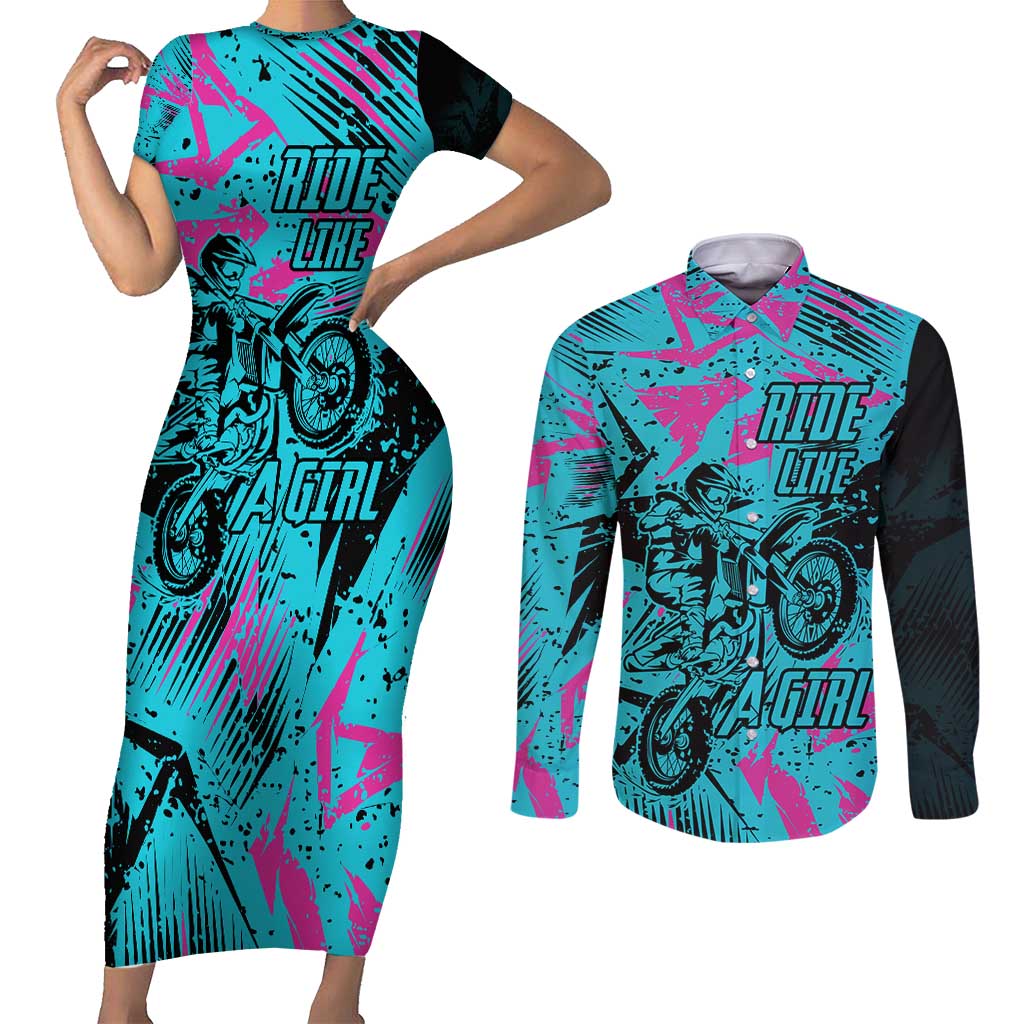 Personalized Ride Like a Girl Couples Matching Short Sleeve Bodycon Dress and Long Sleeve Button Shirt Motocross Graphic and Turquoise Pink Graffiti Design - Wonder Print Shop