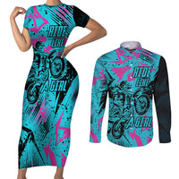 Personalized Ride Like a Girl Couples Matching Short Sleeve Bodycon Dress and Long Sleeve Button Shirt Motocross Graphic and Turquoise Pink Graffiti Design - Wonder Print Shop