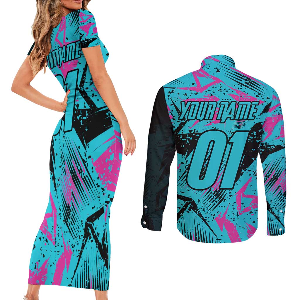 Personalized Ride Like a Girl Couples Matching Short Sleeve Bodycon Dress and Long Sleeve Button Shirt Motocross Graphic and Turquoise Pink Graffiti Design - Wonder Print Shop