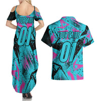 Personalized Ride Like a Girl Couples Matching Summer Maxi Dress and Hawaiian Shirt Motocross Graphic and Turquoise Pink Graffiti Design - Wonder Print Shop