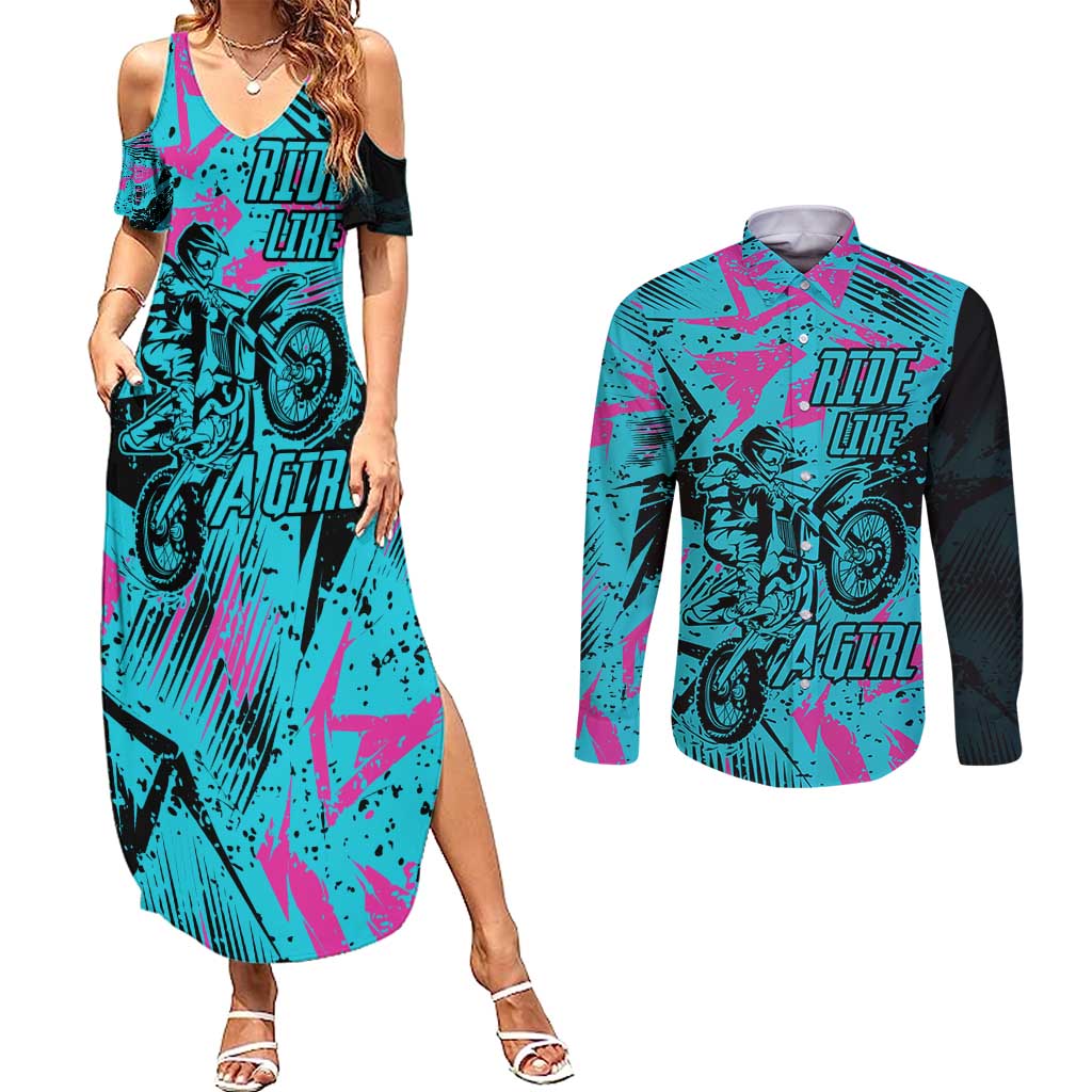 Personalized Ride Like a Girl Couples Matching Summer Maxi Dress and Long Sleeve Button Shirt Motocross Graphic and Turquoise Pink Graffiti Design - Wonder Print Shop
