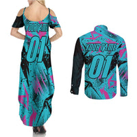 Personalized Ride Like a Girl Couples Matching Summer Maxi Dress and Long Sleeve Button Shirt Motocross Graphic and Turquoise Pink Graffiti Design - Wonder Print Shop