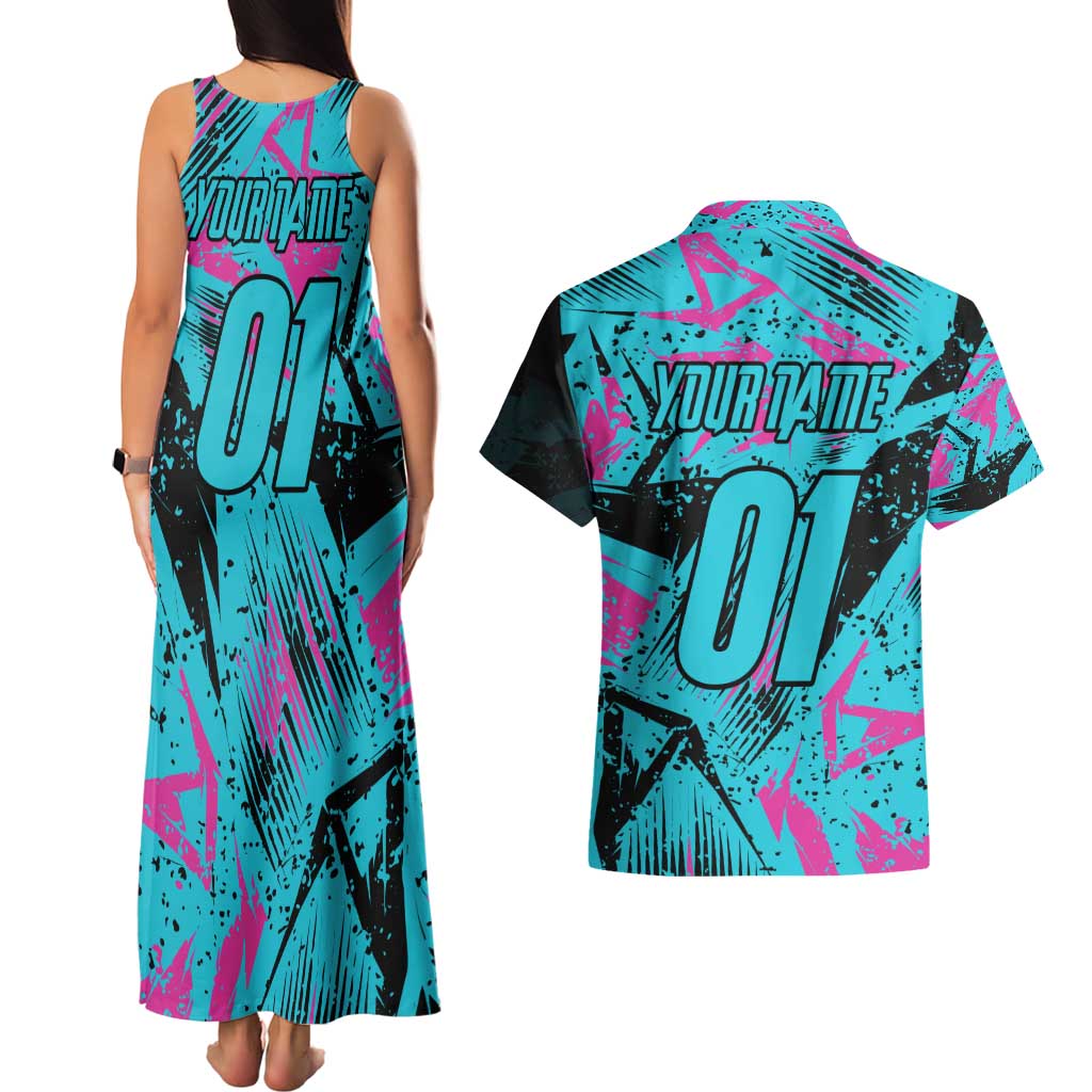 Personalized Ride Like a Girl Couples Matching Tank Maxi Dress and Hawaiian Shirt Motocross Graphic and Turquoise Pink Graffiti Design - Wonder Print Shop