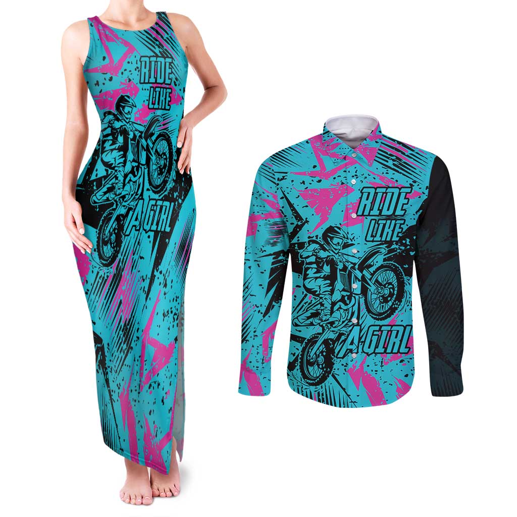 Personalized Ride Like a Girl Couples Matching Tank Maxi Dress and Long Sleeve Button Shirt Motocross Graphic and Turquoise Pink Graffiti Design - Wonder Print Shop