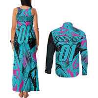 Personalized Ride Like a Girl Couples Matching Tank Maxi Dress and Long Sleeve Button Shirt Motocross Graphic and Turquoise Pink Graffiti Design - Wonder Print Shop