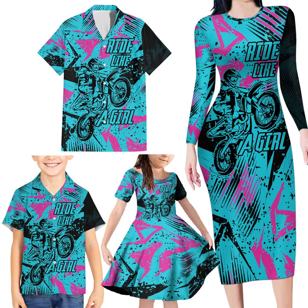 Personalized Ride Like a Girl Family Matching Long Sleeve Bodycon Dress and Hawaiian Shirt Motocross Graphic and Turquoise Pink Graffiti Design - Wonder Print Shop