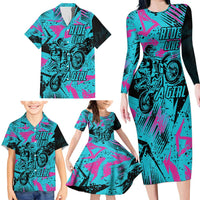 Personalized Ride Like a Girl Family Matching Long Sleeve Bodycon Dress and Hawaiian Shirt Motocross Graphic and Turquoise Pink Graffiti Design - Wonder Print Shop