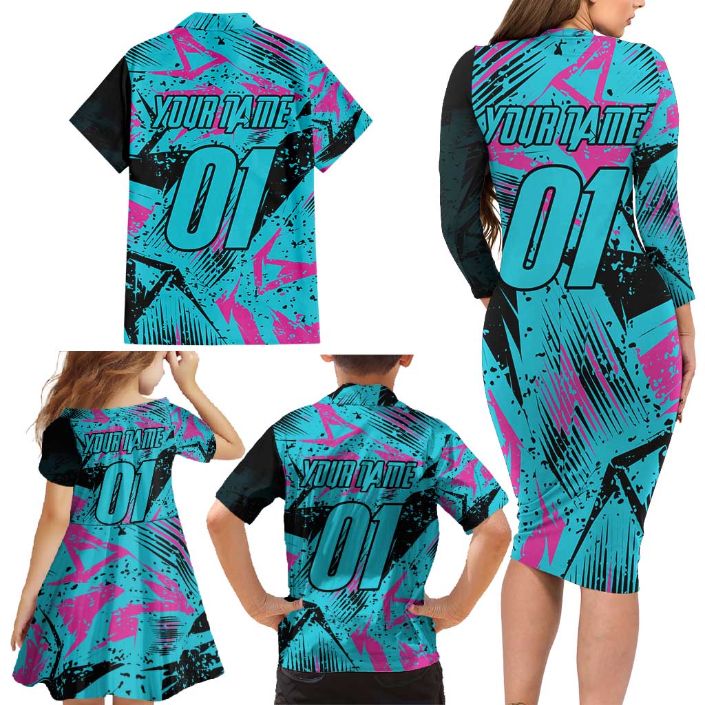 Personalized Ride Like a Girl Family Matching Long Sleeve Bodycon Dress and Hawaiian Shirt Motocross Graphic and Turquoise Pink Graffiti Design - Wonder Print Shop