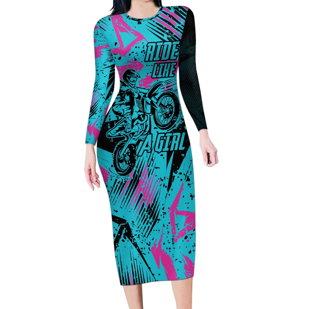 Personalized Ride Like a Girl Family Matching Long Sleeve Bodycon Dress and Hawaiian Shirt Motocross Graphic and Turquoise Pink Graffiti Design - Wonder Print Shop