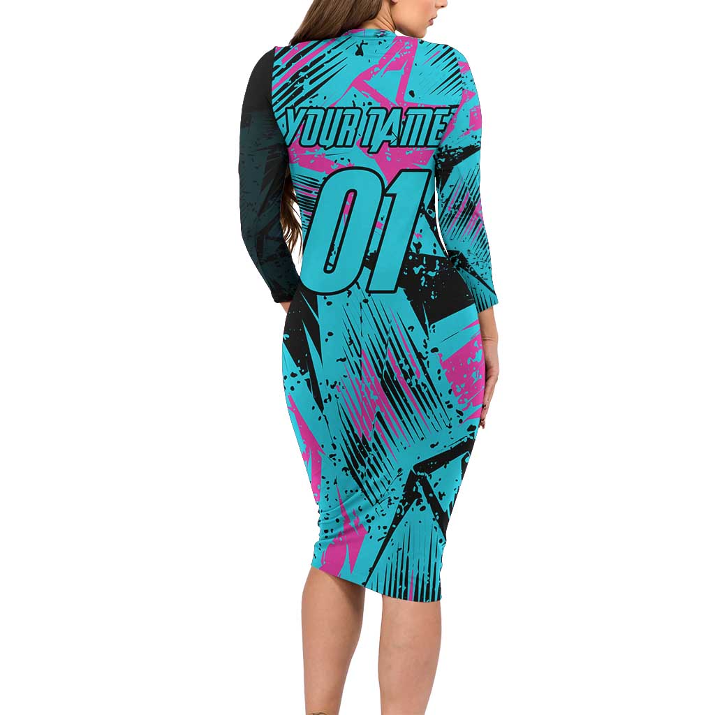 Personalized Ride Like a Girl Family Matching Long Sleeve Bodycon Dress and Hawaiian Shirt Motocross Graphic and Turquoise Pink Graffiti Design - Wonder Print Shop