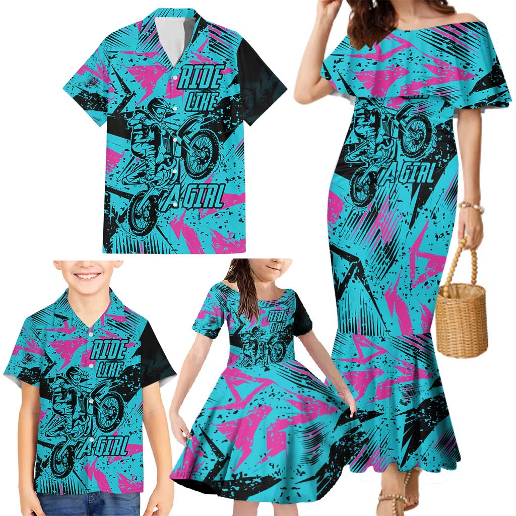 Personalized Ride Like a Girl Family Matching Mermaid Dress and Hawaiian Shirt Motocross Graphic and Turquoise Pink Graffiti Design - Wonder Print Shop