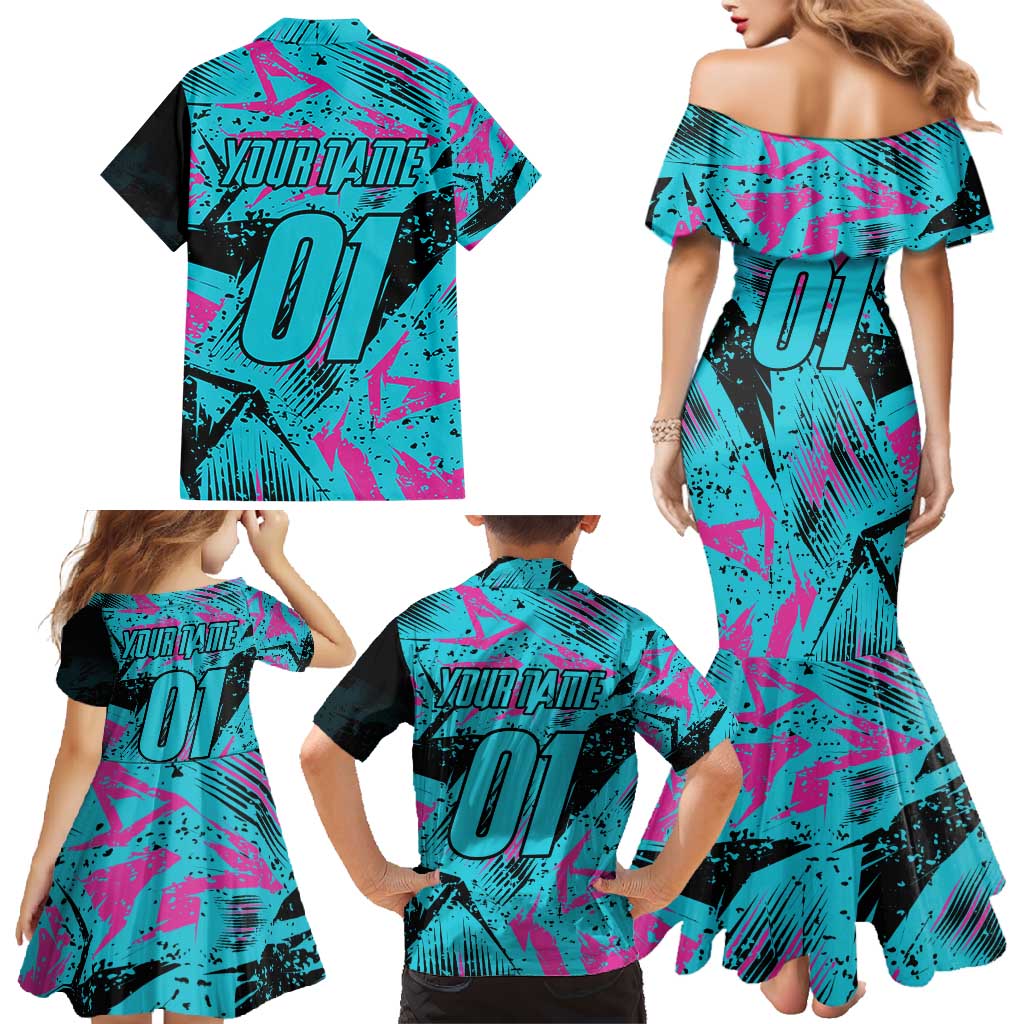 Personalized Ride Like a Girl Family Matching Mermaid Dress and Hawaiian Shirt Motocross Graphic and Turquoise Pink Graffiti Design - Wonder Print Shop