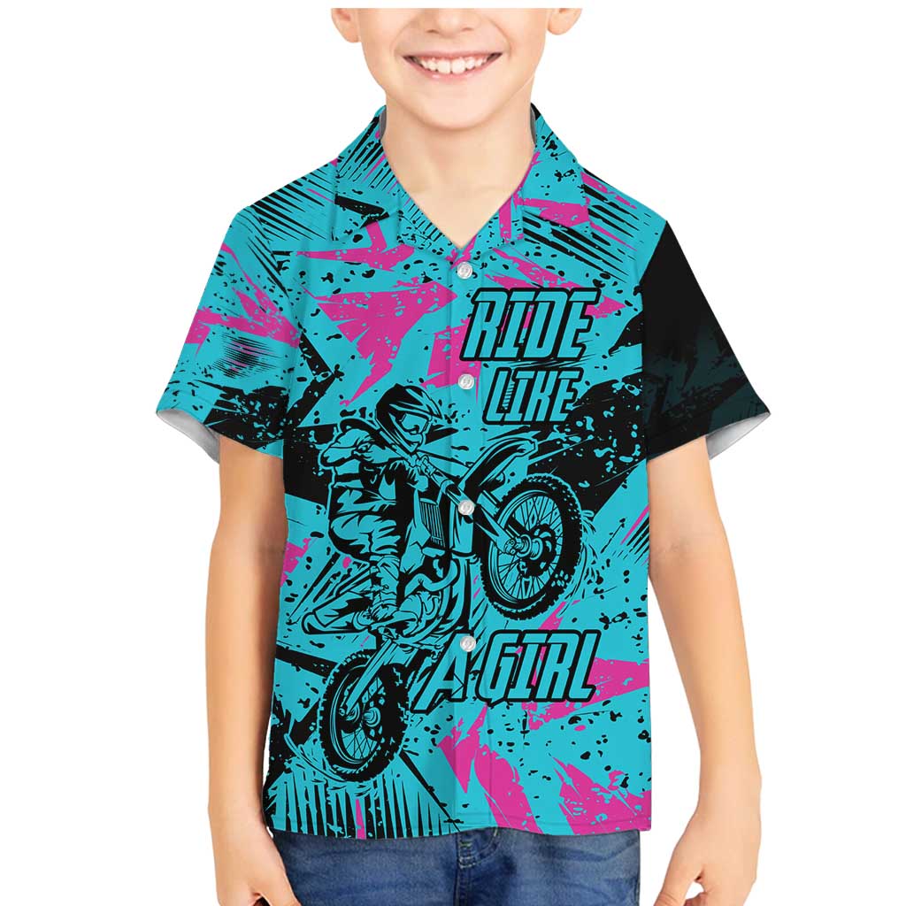 Personalized Ride Like a Girl Family Matching Mermaid Dress and Hawaiian Shirt Motocross Graphic and Turquoise Pink Graffiti Design - Wonder Print Shop