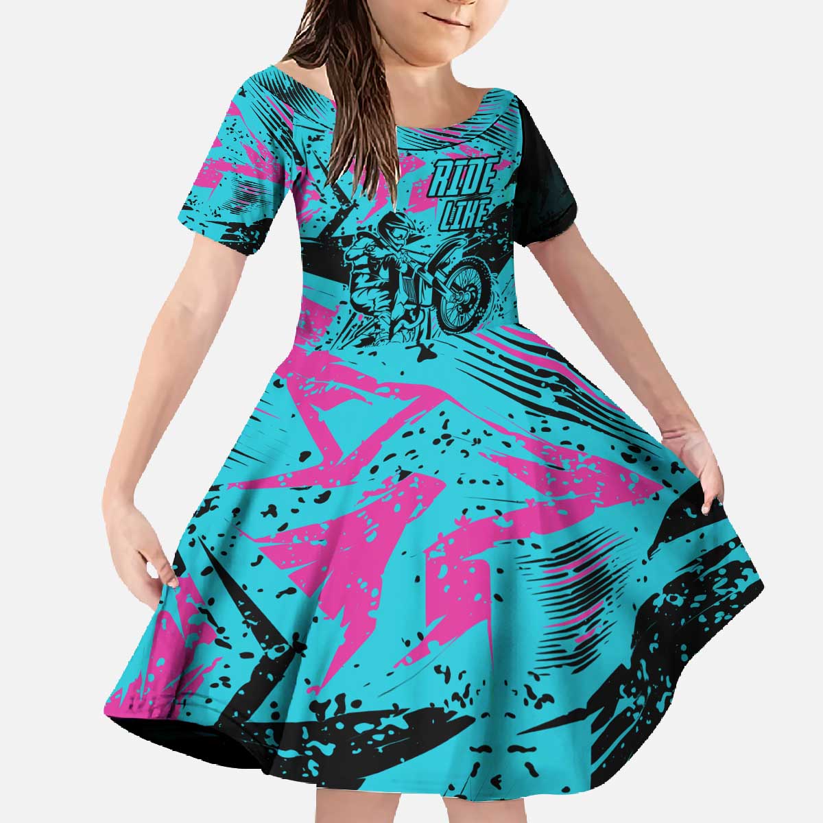 Personalized Ride Like a Girl Family Matching Off The Shoulder Long Sleeve Dress and Hawaiian Shirt Motocross Graphic and Turquoise Pink Graffiti Design - Wonder Print Shop