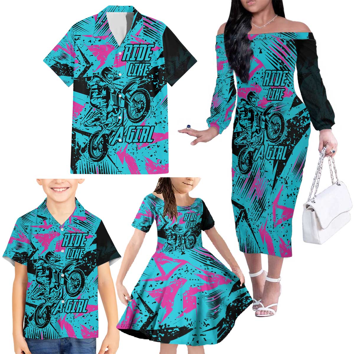 Personalized Ride Like a Girl Family Matching Off The Shoulder Long Sleeve Dress and Hawaiian Shirt Motocross Graphic and Turquoise Pink Graffiti Design - Wonder Print Shop