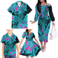 Personalized Ride Like a Girl Family Matching Off The Shoulder Long Sleeve Dress and Hawaiian Shirt Motocross Graphic and Turquoise Pink Graffiti Design - Wonder Print Shop