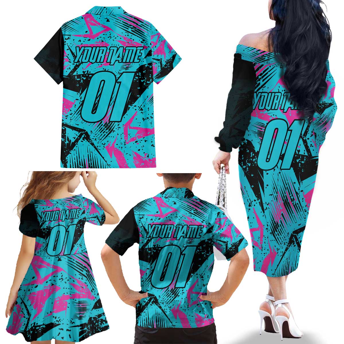 Personalized Ride Like a Girl Family Matching Off The Shoulder Long Sleeve Dress and Hawaiian Shirt Motocross Graphic and Turquoise Pink Graffiti Design - Wonder Print Shop