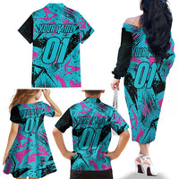 Personalized Ride Like a Girl Family Matching Off The Shoulder Long Sleeve Dress and Hawaiian Shirt Motocross Graphic and Turquoise Pink Graffiti Design - Wonder Print Shop