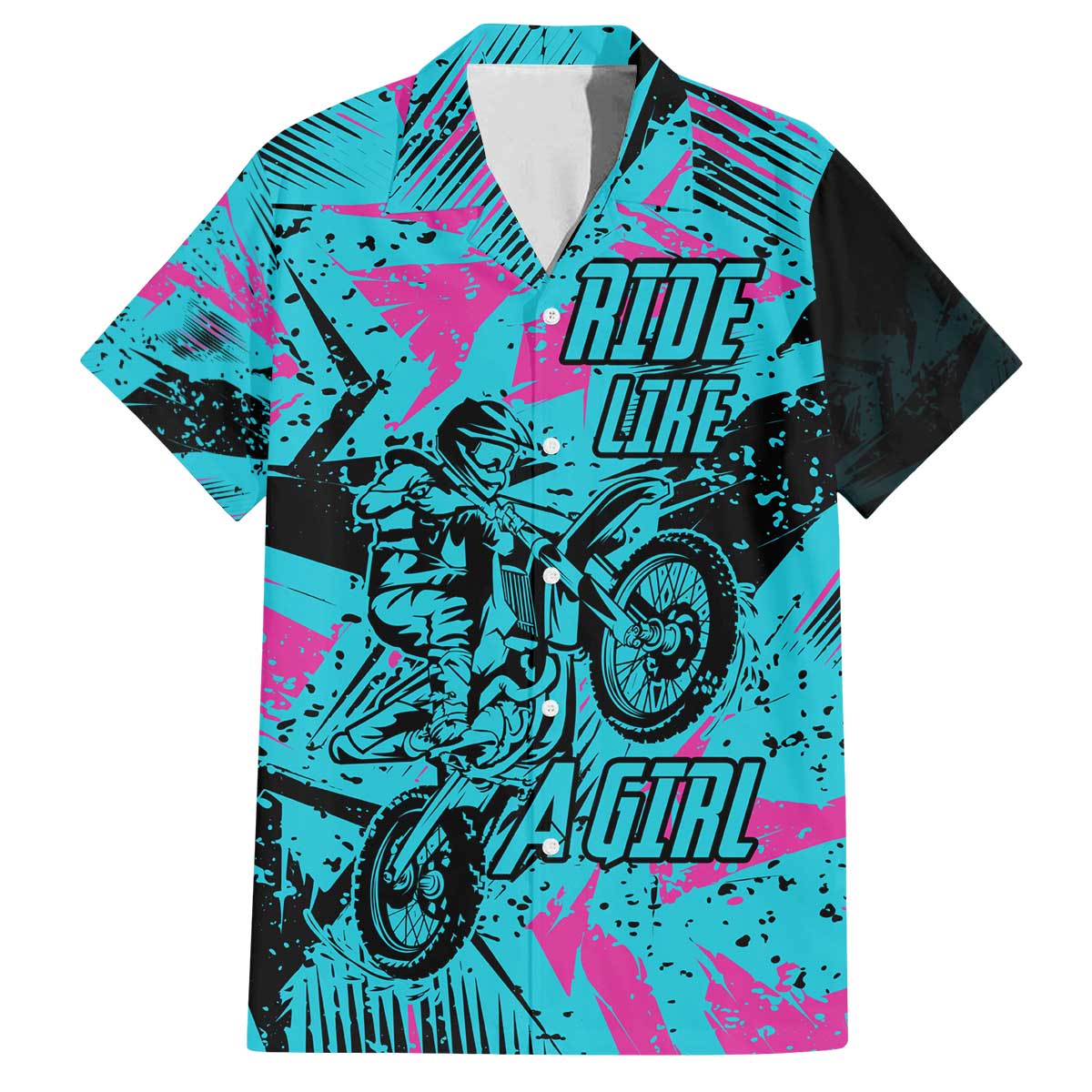 Personalized Ride Like a Girl Family Matching Off The Shoulder Long Sleeve Dress and Hawaiian Shirt Motocross Graphic and Turquoise Pink Graffiti Design - Wonder Print Shop
