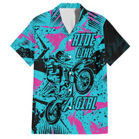 Personalized Ride Like a Girl Family Matching Off The Shoulder Long Sleeve Dress and Hawaiian Shirt Motocross Graphic and Turquoise Pink Graffiti Design - Wonder Print Shop