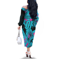 Personalized Ride Like a Girl Family Matching Off The Shoulder Long Sleeve Dress and Hawaiian Shirt Motocross Graphic and Turquoise Pink Graffiti Design - Wonder Print Shop