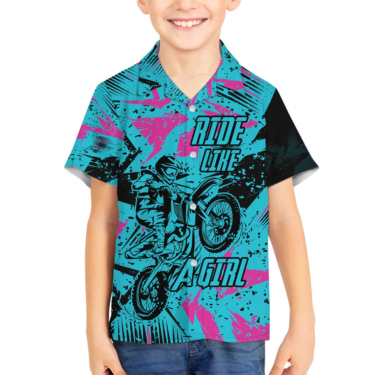 Personalized Ride Like a Girl Family Matching Off The Shoulder Long Sleeve Dress and Hawaiian Shirt Motocross Graphic and Turquoise Pink Graffiti Design - Wonder Print Shop