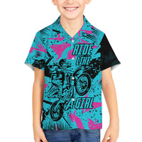 Personalized Ride Like a Girl Family Matching Off The Shoulder Long Sleeve Dress and Hawaiian Shirt Motocross Graphic and Turquoise Pink Graffiti Design - Wonder Print Shop