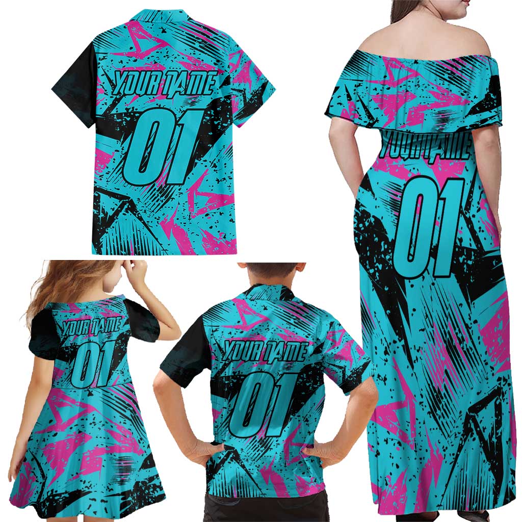 Personalized Ride Like a Girl Family Matching Off Shoulder Maxi Dress and Hawaiian Shirt Motocross Graphic and Turquoise Pink Graffiti Design - Wonder Print Shop