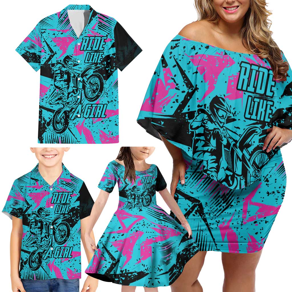 Personalized Ride Like a Girl Family Matching Off Shoulder Short Dress and Hawaiian Shirt Motocross Graphic and Turquoise Pink Graffiti Design - Wonder Print Shop