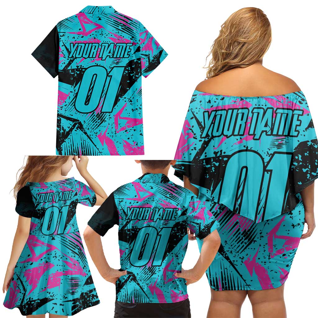 Personalized Ride Like a Girl Family Matching Off Shoulder Short Dress and Hawaiian Shirt Motocross Graphic and Turquoise Pink Graffiti Design - Wonder Print Shop