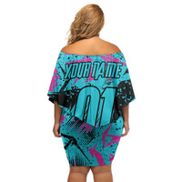 Personalized Ride Like a Girl Family Matching Off Shoulder Short Dress and Hawaiian Shirt Motocross Graphic and Turquoise Pink Graffiti Design - Wonder Print Shop