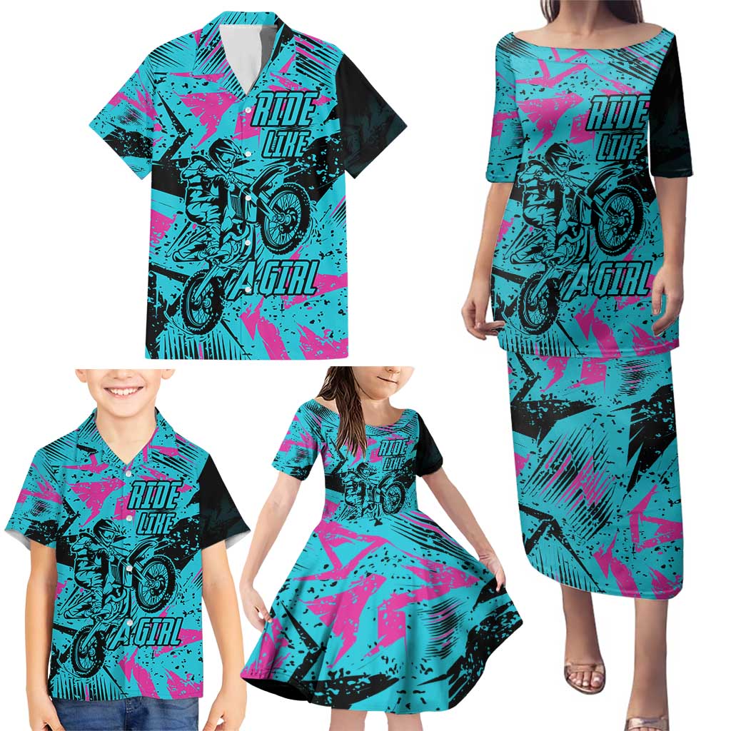 Personalized Ride Like a Girl Family Matching Puletasi and Hawaiian Shirt Motocross Graphic and Turquoise Pink Graffiti Design - Wonder Print Shop