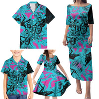 Personalized Ride Like a Girl Family Matching Puletasi and Hawaiian Shirt Motocross Graphic and Turquoise Pink Graffiti Design - Wonder Print Shop