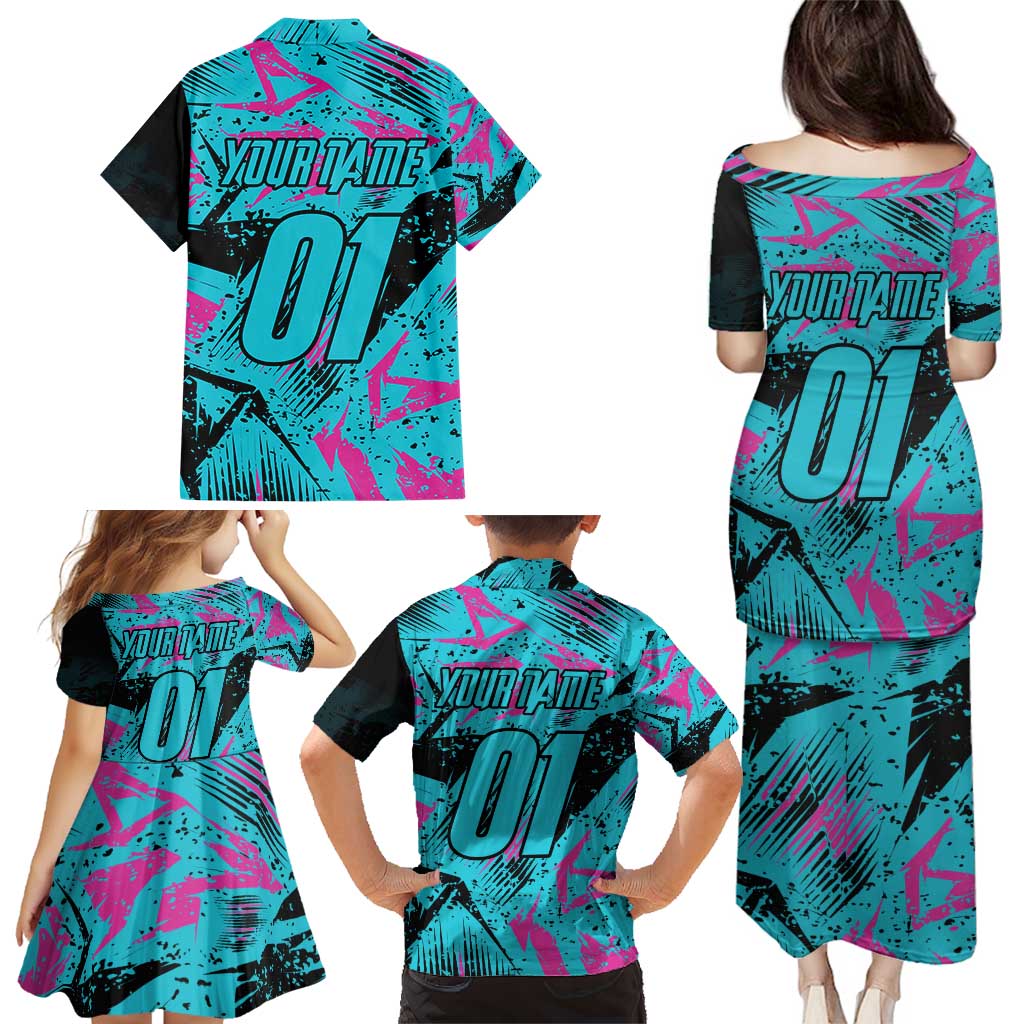 Personalized Ride Like a Girl Family Matching Puletasi and Hawaiian Shirt Motocross Graphic and Turquoise Pink Graffiti Design - Wonder Print Shop