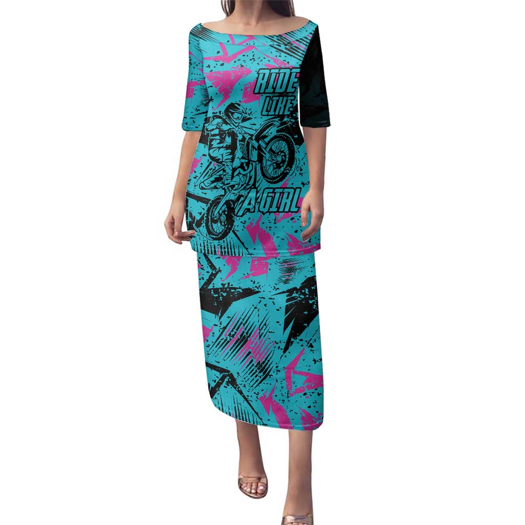 Personalized Ride Like a Girl Family Matching Puletasi and Hawaiian Shirt Motocross Graphic and Turquoise Pink Graffiti Design - Wonder Print Shop